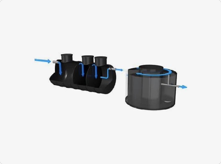 Schematisk bild av trekammarbrunn med efterföljande reningssteg