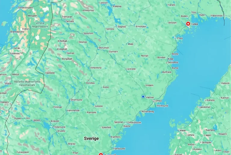 Karta över norra Sverige med vårt område för säckbyte, från Sundsvall till Luleå